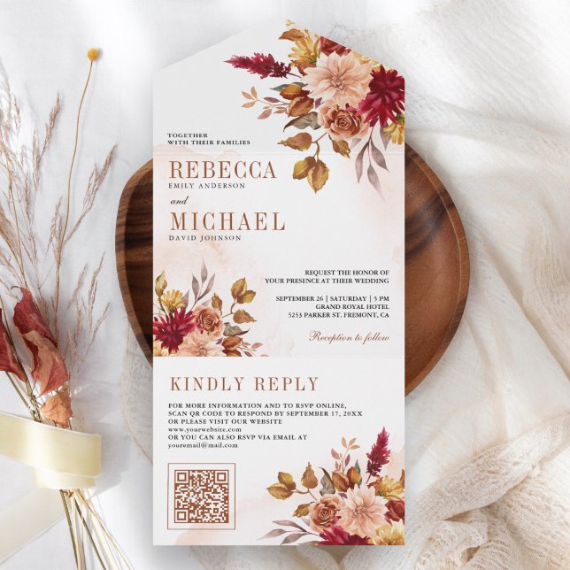 Rustic Burgundy Terracotta Floral QR Code Wedding All In One Invitation (Creator Uploaded)