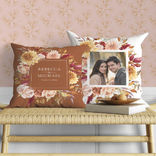 Rustic Burgundy Terracotta Floral Wedding Photo Cushion
