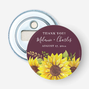 Rustic Burgundy Thank You Sunflower Couple Names Bottle Opener