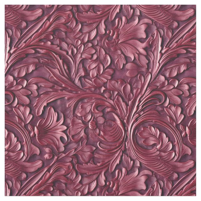 Rustic burgundy tooled leather fabric (Close Up)