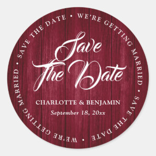Rustic Burgundy Typography Wedding Save The Date Classic Round Sticker