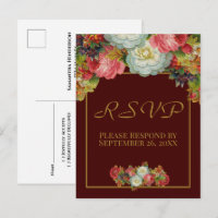 Rustic Burgundy Vintage Autumn Floral Wedding RSVP