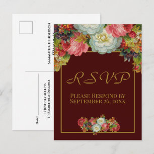 Rustic Burgundy Vintage Autumn Floral Wedding RSVP Postcard