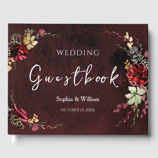 Rustic Burgundy Watercolor Calligraphy Wedding Guest Book (Front)