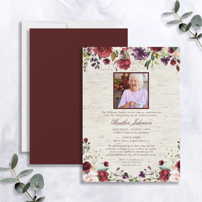 Rustic Burgundy Watercolor Floral Birch Memorial Invitation (Creator Uploaded)