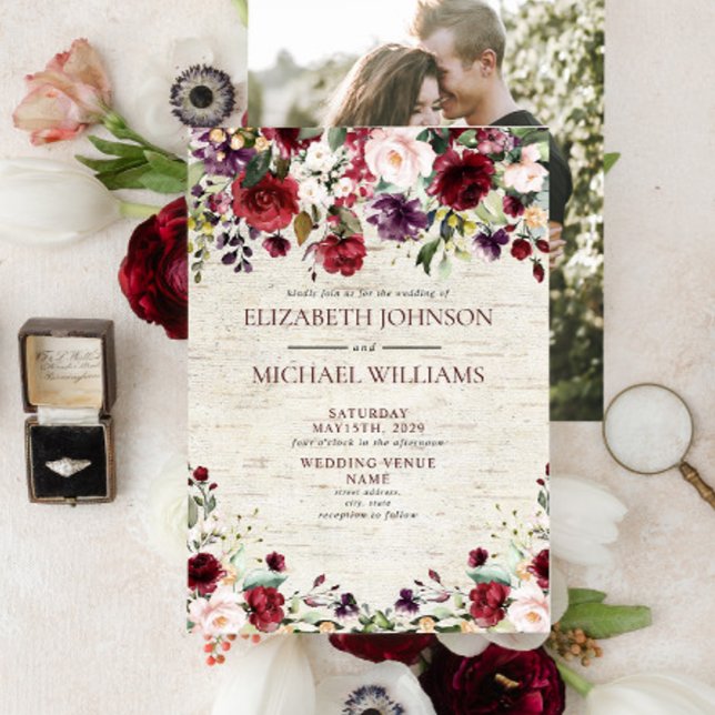 Rustic Burgundy Watercolor Floral Birch Photo Invitation (Creator Uploaded)