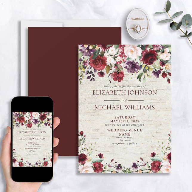 Rustic Burgundy Watercolor Floral Birch Wedding Invitation (Creator Uploaded)