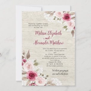 Rustic Burgundy Watercolor Floral Lace Wedding Invitation