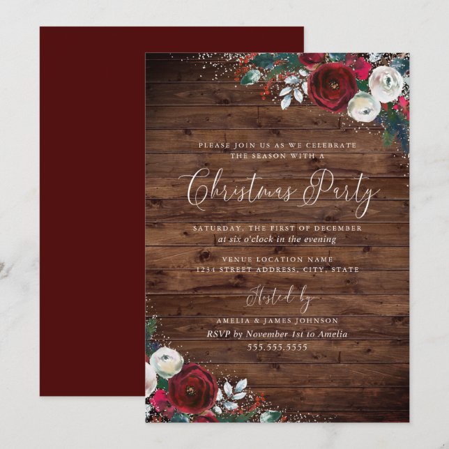 Rustic Burgundy Watercolor Floral Snow Christmas Invitation (Front/Back)