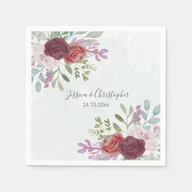 Rustic Burgundy Watercolor Floral Wedding   Napkin (Front)