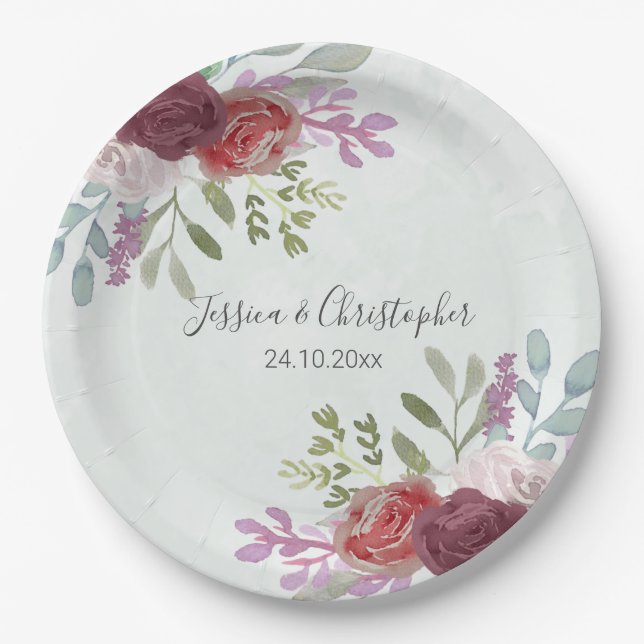 Rustic Burgundy Watercolor Floral Wedding  Paper Plate (Front)