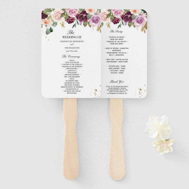 Rustic  Burgundy Watercolor Flowers & Gold Drops Hand Fan (Front and Back)