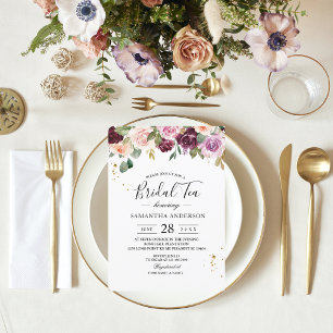 Rustic  Burgundy Watercolor Flowers & Gold Drops Invitation
