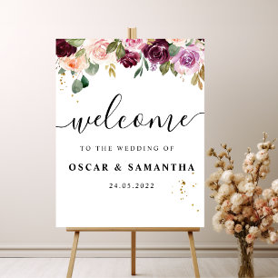 Rustic Burgundy Watercolor Flowers & Gold Drops Poster