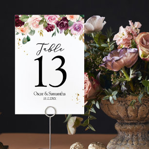Rustic  Burgundy Watercolor Flowers & Gold Drops Table Number