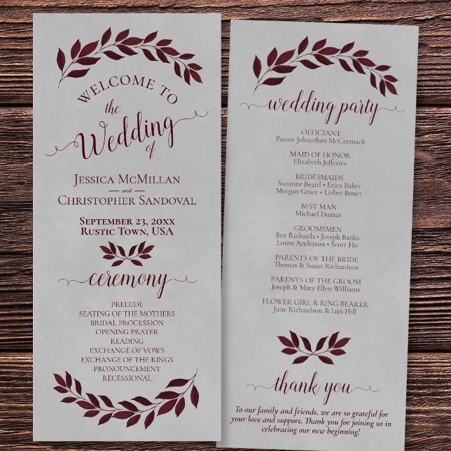 Rustic Burgundy Watercolor Leaves on Grey Wedding Programme (Front/Back)
