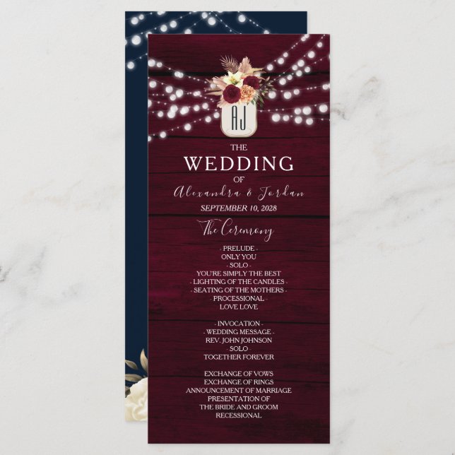 Rustic Burgundy Wedding Program Programme (Front/Back)