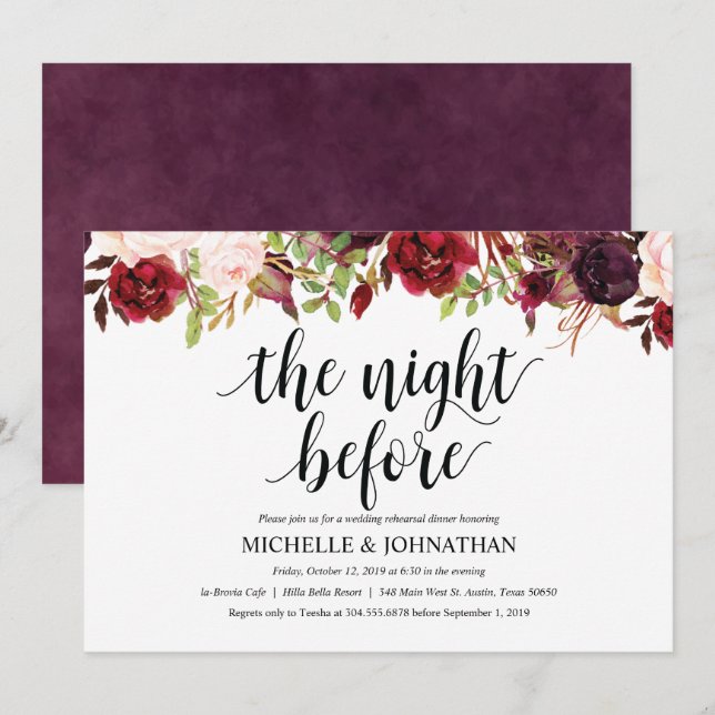 Rustic Burgundy Wedding Rehearsal Dinner Invite (Front/Back)