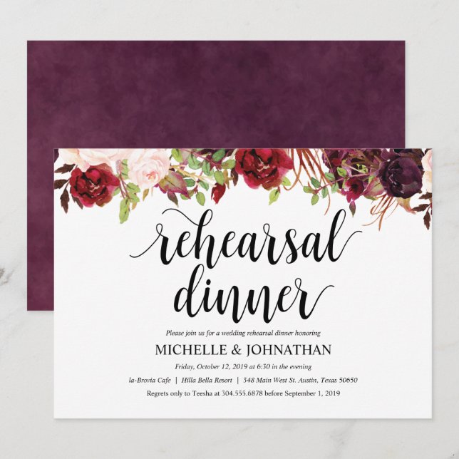 Rustic Burgundy Wedding Rehearsal Dinner Invite (Front/Back)