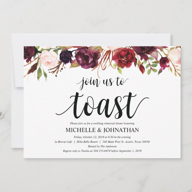 Rustic Burgundy Wedding Rehearsal Dinner Invites (Front)