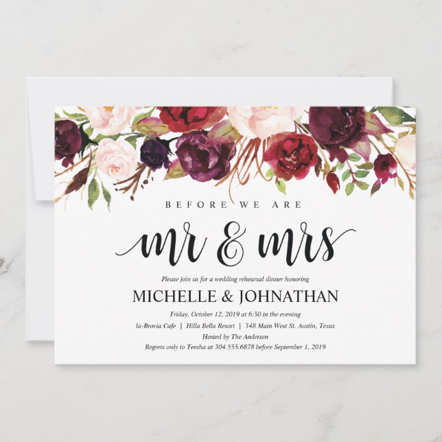 Rustic Burgundy Wedding Rehearsal Dinner Invites (Front)