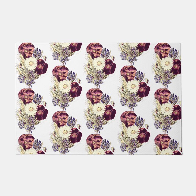 Rustic Burgundy White Blue Flowers Bouquet Floral  Doormat (Front)