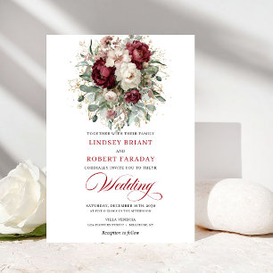 Rustic Burgundy White Floral Eucalyptus Gold Weddi Invitation