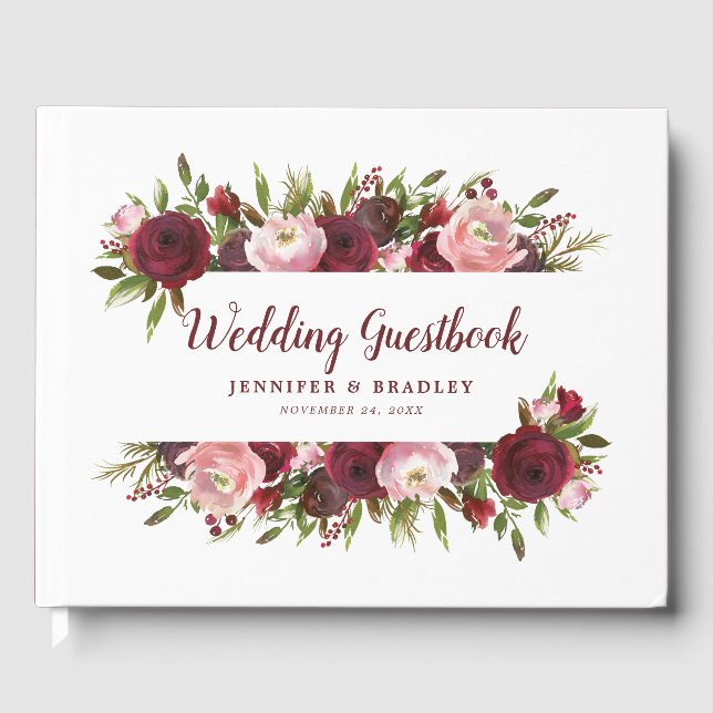 Rustic Burgundy White Floral Watercolor Wedding Guest Book (Front)