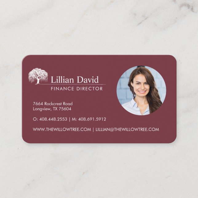 Rustic Burgundy & White Willow Tree Logo Photo Business Card (Front)