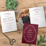 Rustic Burgundy Wildflower Boho Photo Wedding Tri-Fold Invitation<br><div class="desc">This elegant tri-fold wedding invitation features rustic hand-drawn wildflower accents paired with elegant typography. The inside of the card features the invitation, one vertical photo, and an rsvp card that can be cut and mailed. The rsvp card requires standard first class postage (not postcard rate). On the back of the...</div>