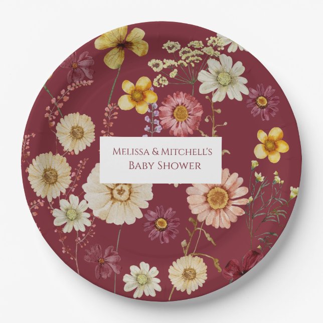 Rustic Burgundy Wildflower Paper Plate (Front)