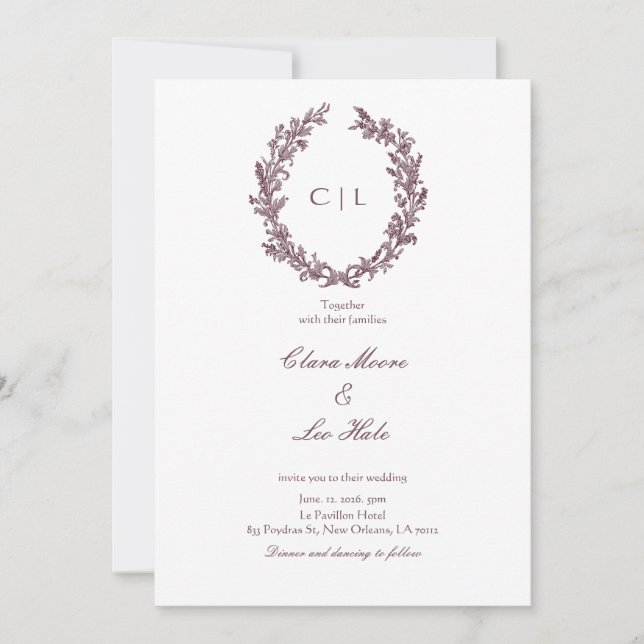 Rustic Burgundy Wildflower Wreath Wedding Invitation (Front)