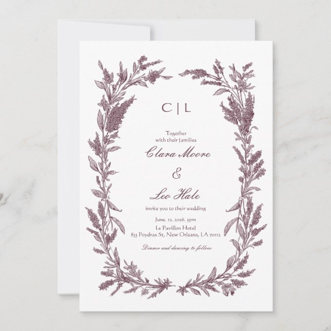 Rustic Burgundy Wildflower Wreath Wedding  Invitation (Front)