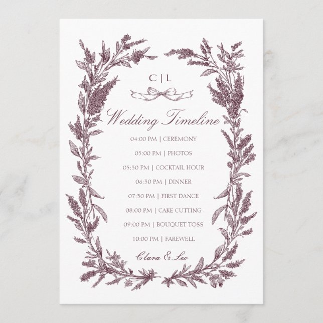 Rustic Burgundy Wildflower Wreath Wedding Timeline Programme (Front)