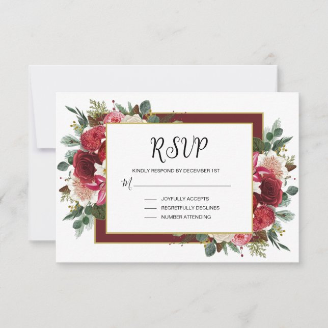Rustic Burgundy Winter Floral Christmas Wedding RSVP Card (Front)