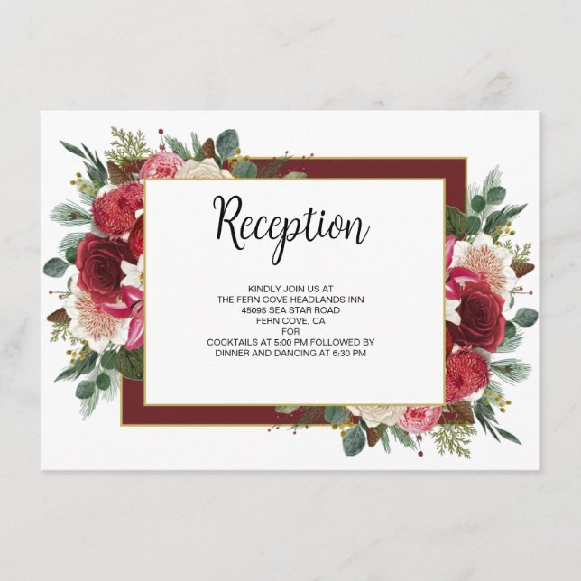 Rustic Burgundy Winter Floral Wedding Reception Enclosure Card (Front)