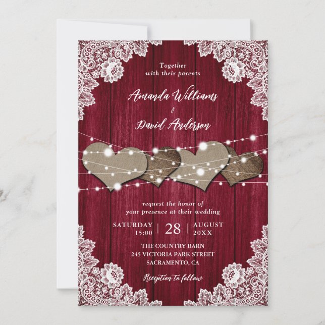 Rustic Burgundy Wood Burlap Lace Wedding Invitation (Front)