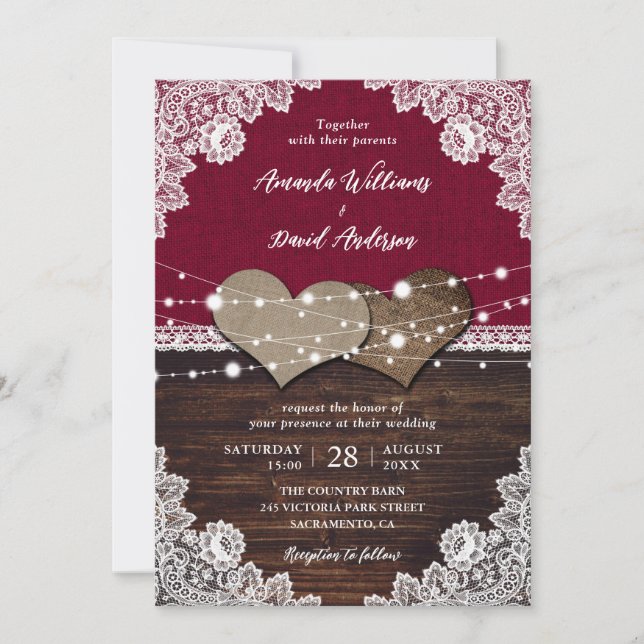 Rustic Burgundy Wood Burlap Lace Wedding Invitation (Front)