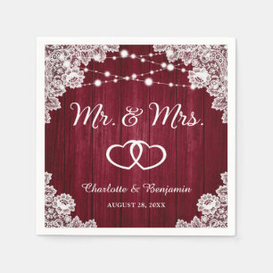 Rustic Burgundy Wood Lace String Lights Wedding Napkin