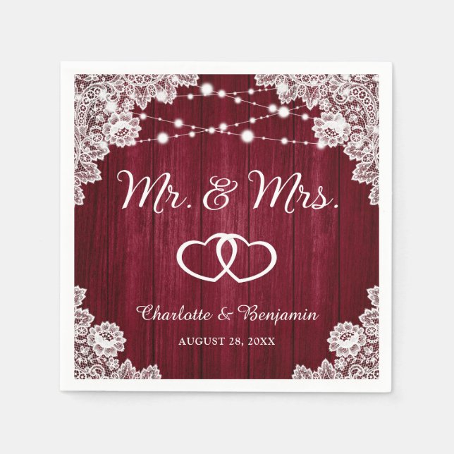 Rustic Burgundy Wood Lace String Lights Wedding Napkin (Front)