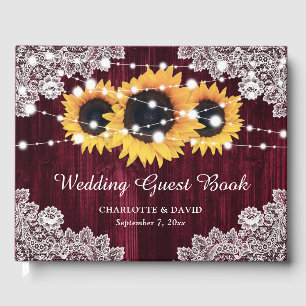Rustic Burgundy Wood Lace Sunflower Wedding Guest Book