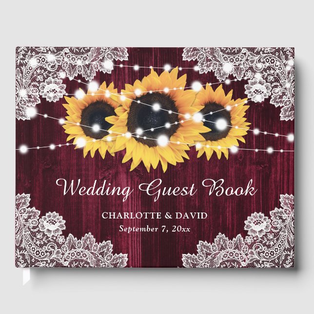 Rustic Burgundy Wood Lace Sunflower Wedding Guest Book (Front)