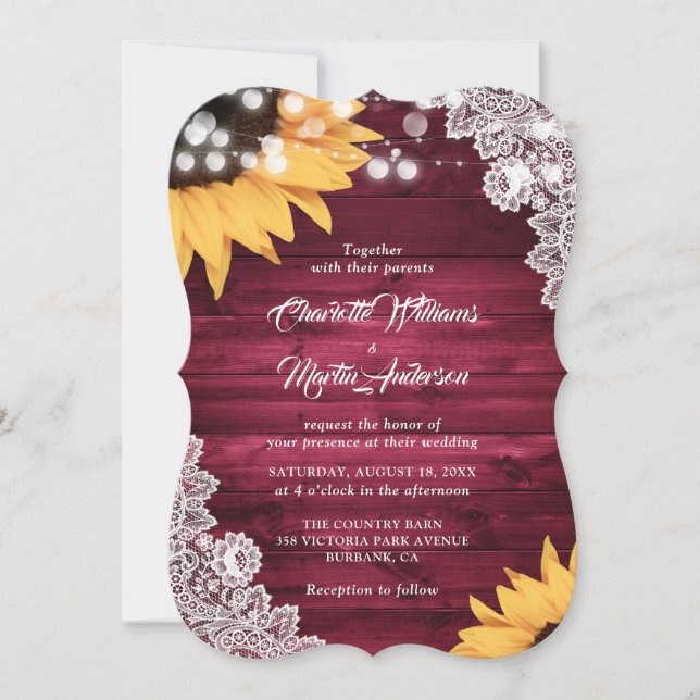 Rustic Burgundy Wood Lace Sunflower Wedding Invitation (Front)