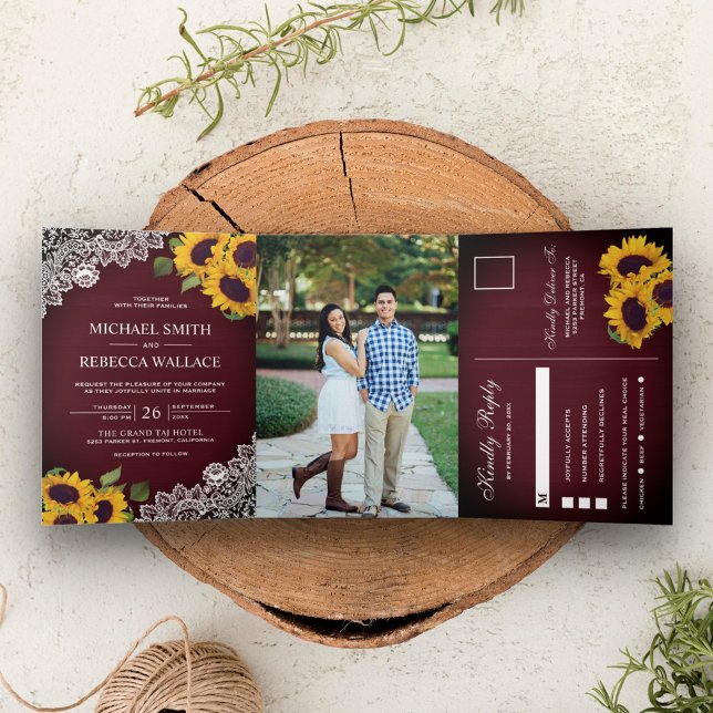Rustic Burgundy Wood Lace Sunflower Wedding Photo Tri-Fold Invitation (Creator Uploaded)