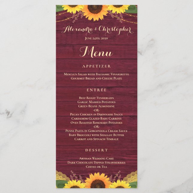 Rustic Burgundy Wood Lights Lace Sunflower Wedding Menu (Front)