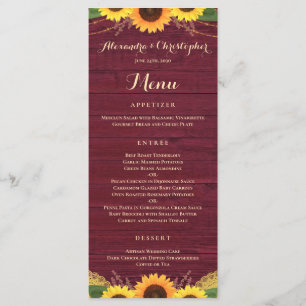 Rustic Burgundy Wood Lights Lace Sunflower Wedding Menu