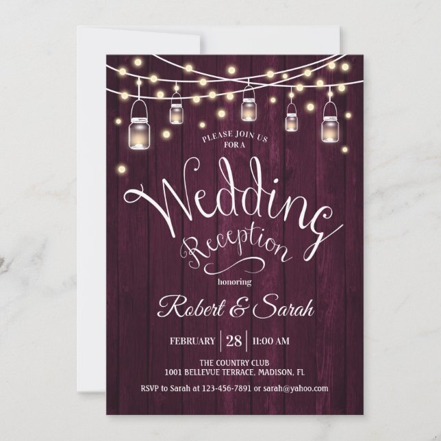 Rustic Burgundy Wood & Lights Wedding Reception Invitation (Front)
