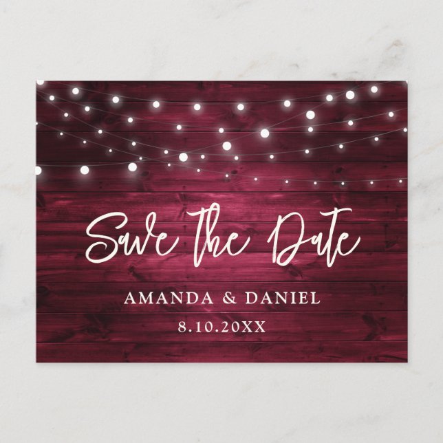 Rustic Burgundy Wood Lights Wedding Save The Date Announcement Postcard (Front)