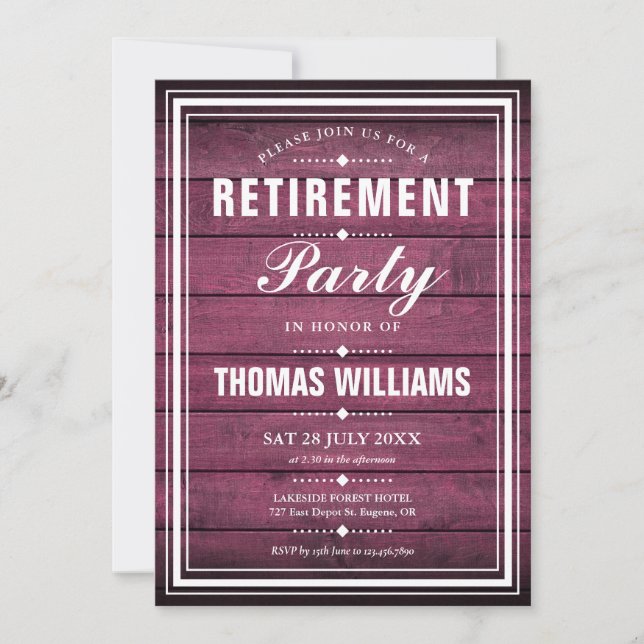 Rustic Burgundy Wood Panels Photo Retirement Party Invitation (Front)