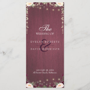 Rustic Burgundy Wood String Lights Wedding Program Programme